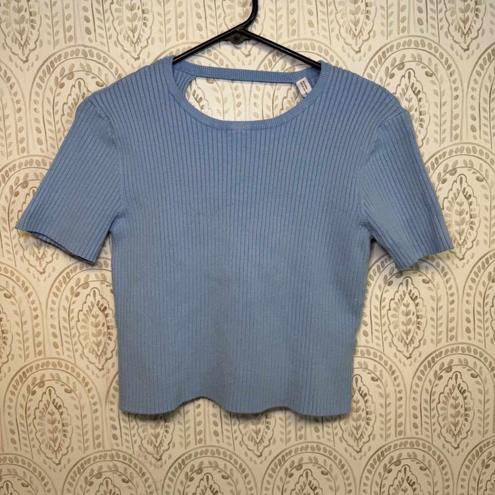 Zara‎ Women Light Blue Ribbed Open Back Knot Detail Short Sleeve Top XL